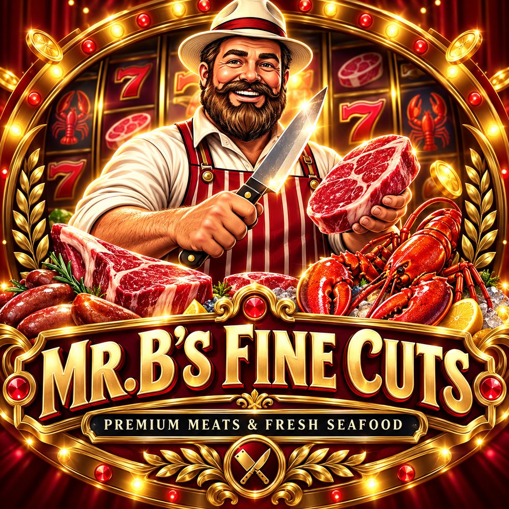 Mr. B, a bearded butcher in a straw hat and striped apron, holding a knife and a thick steak over a spread of meats and lobsters under a gold marquee sign that reads Mr. B's Fine Cuts, Premium Meats and Fresh Seafood